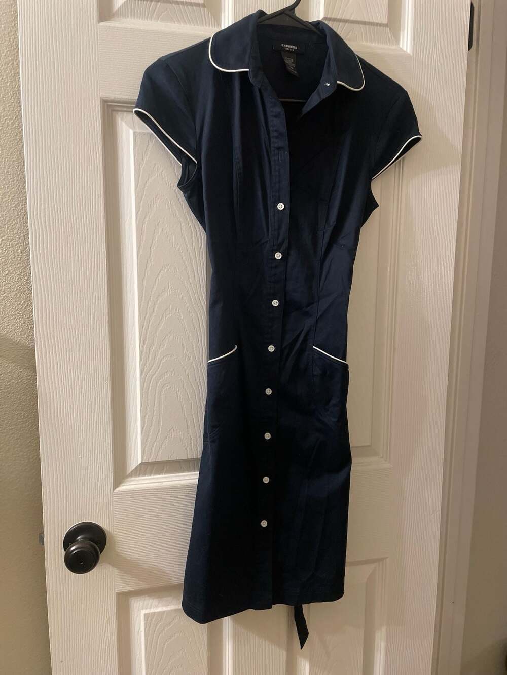 Express Stretch Navy Blue Shirt Dress with White Piping Size 1/2 - Picture 5 of 7